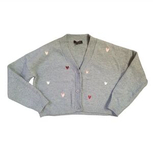 EUC Witty Fox Women's Gray Cardigan Sweater with Embroidered Heart Accents